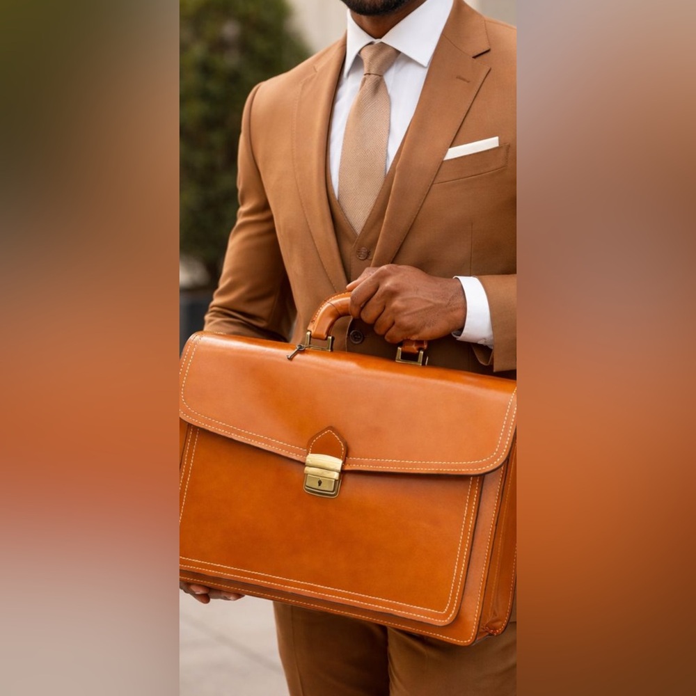 Classic Tan Leather Briefcase - Men Bags